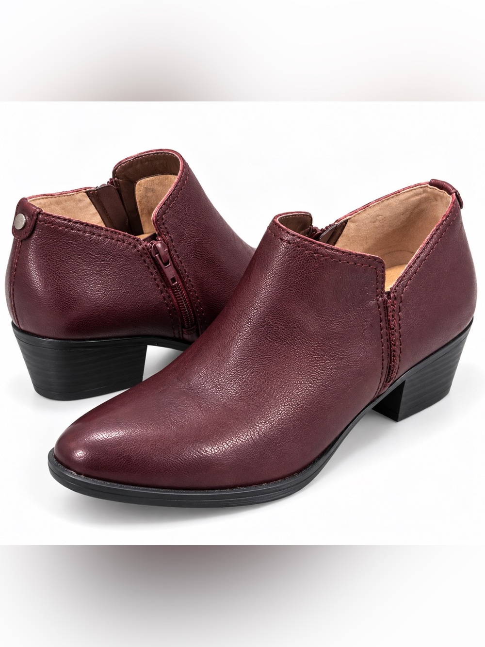 Naturalizer Zarie Womenās 7.5M Aubergine Leather Ankle Booties Block Heel